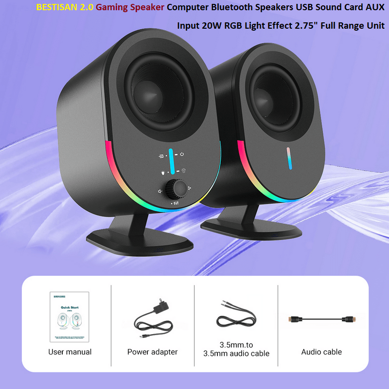 BESTISAN 2.0 Gaming Speaker Computer Bluetooth Speakers USB Sound Card AUX Input 20W RGB Light Effect 2.75 Inch Full Range Unit