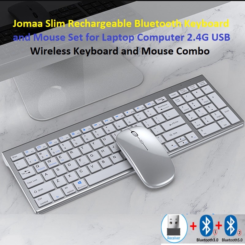 Jomaa Slim Rechargeable Bluetooth Keyboard and Mouse Set for Laptop Computer 2.4G USB Wireless Keyboard and Mouse Combo