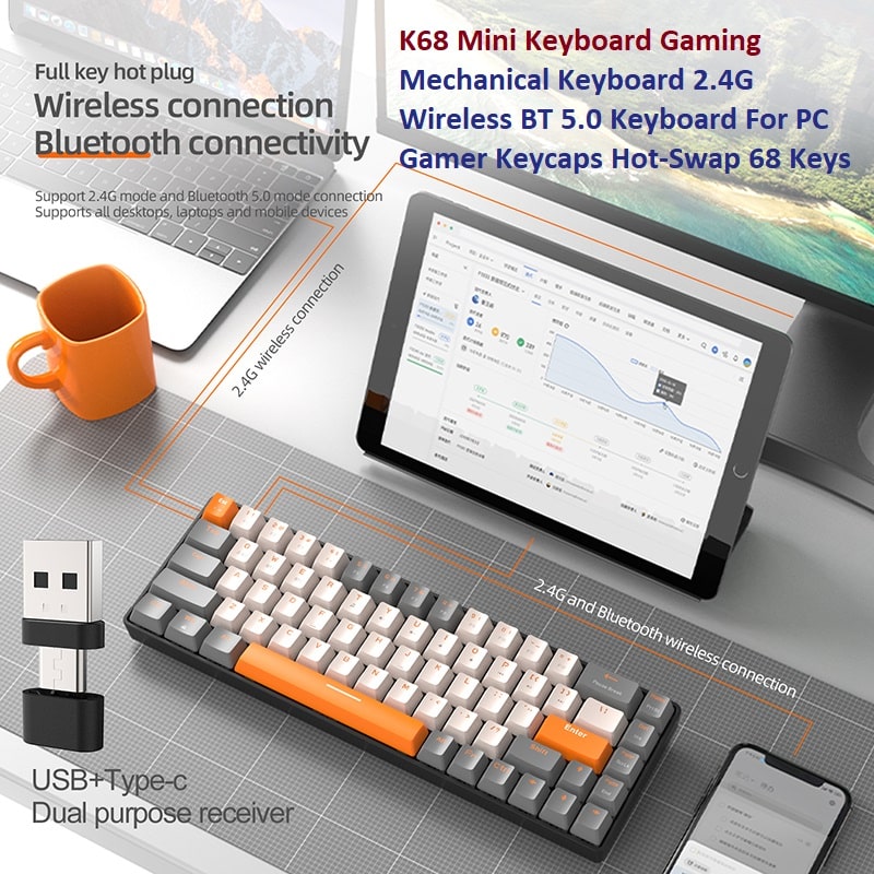 K68 Mini Keyboard Gaming Mechanical Keyboard 2.4G Wireless BT 5.0 Keyboard For PC Gamer Keycaps Hot-Swap 68 Keys