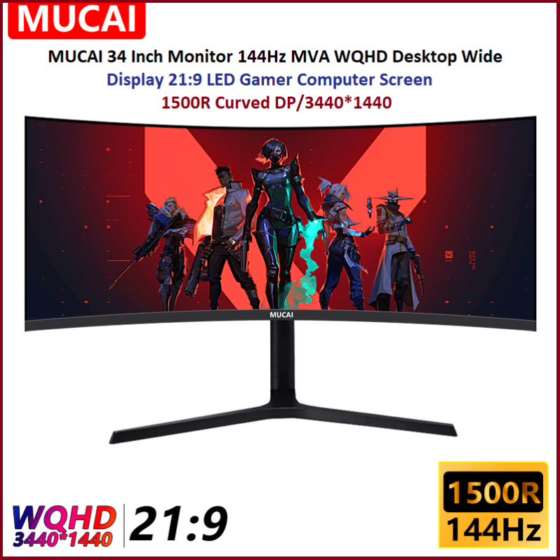 MUCAI 34 Inch Monitor 144Hz MVA WQHD Desktop Wide Display 219 LED Gamer Computer Screen 1500R Curved DP 3440x1440