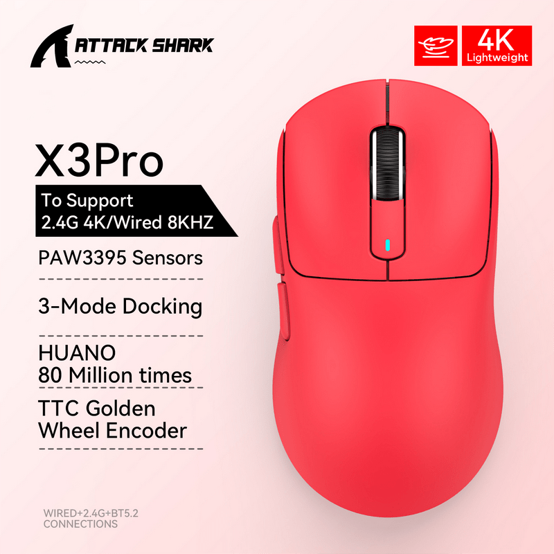 X3 PixArt PAW3395 Bluetooth Mouse 2.4G Tri-Mode Connection, 26000 dpi, 650IPS, 49g Lightweight Macro Gaming Mouse